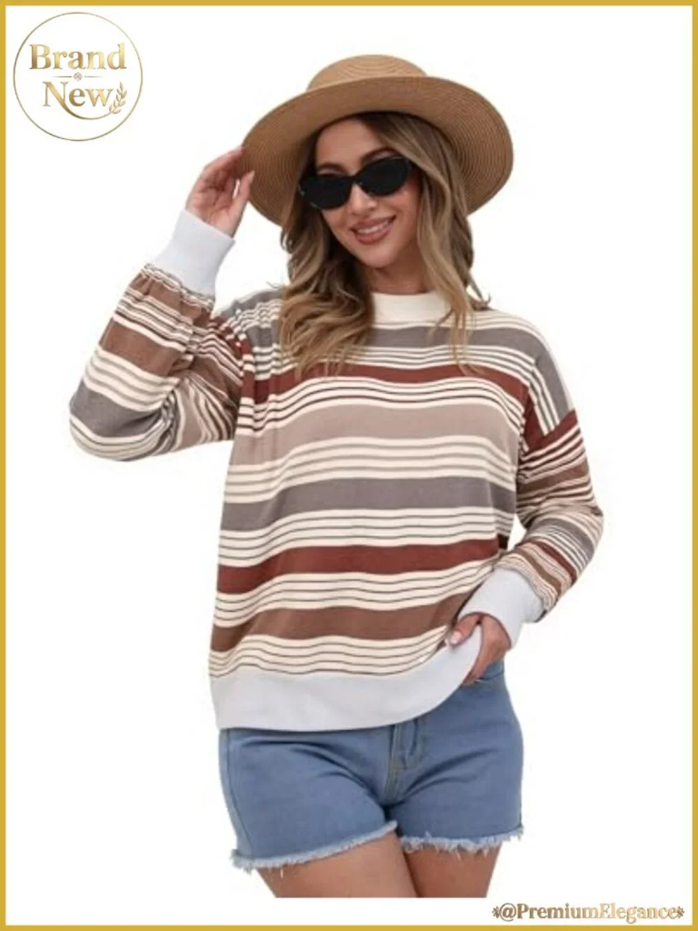 Womens Oversized Striped Pullover Sweater Long Sleeve Crew Neck Winter Knit Top